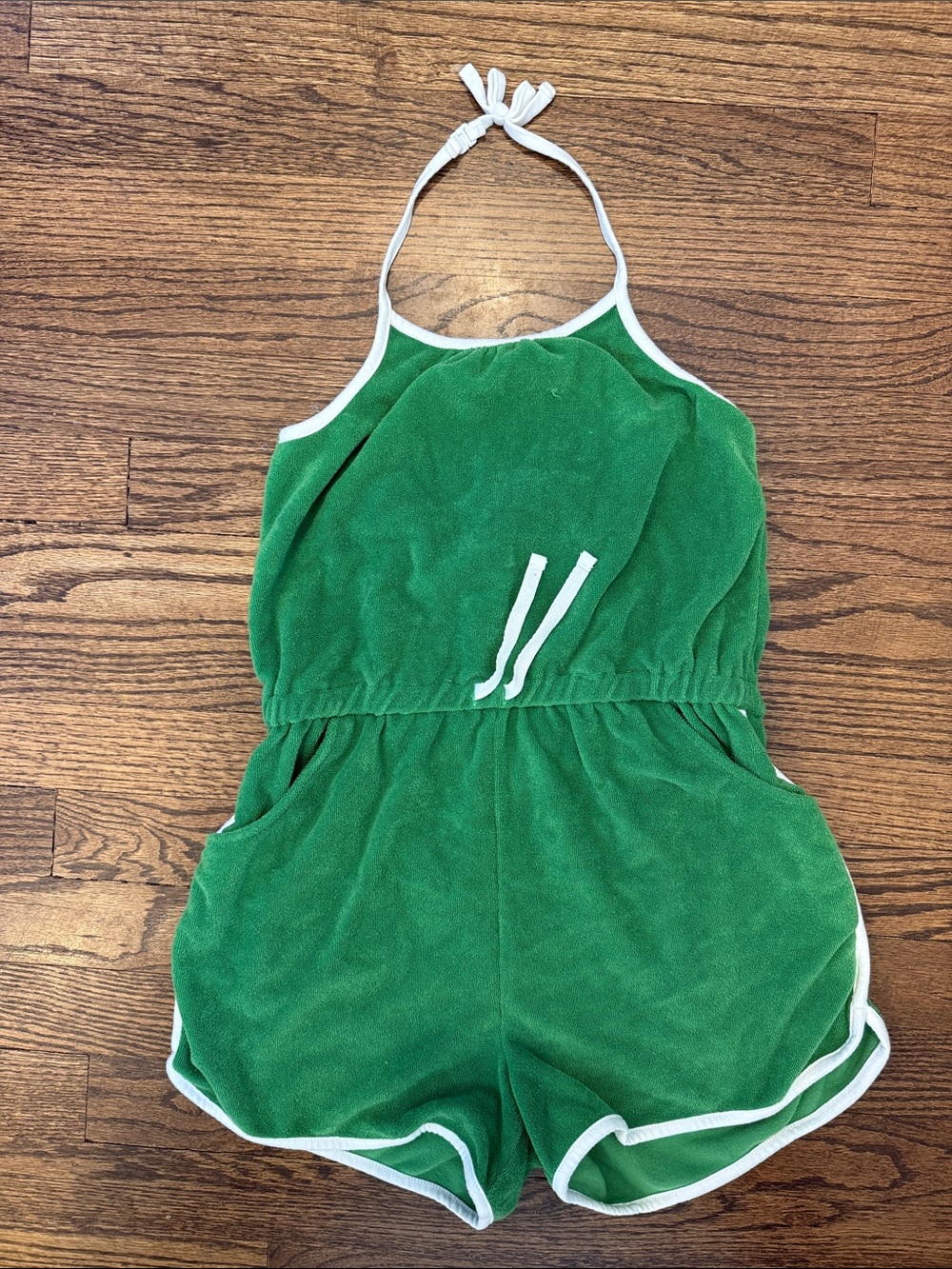 Janie and Jack Green Terry Halter Romper with White Trim